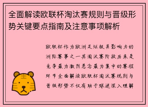 全面解读欧联杯淘汰赛规则与晋级形势关键要点指南及注意事项解析